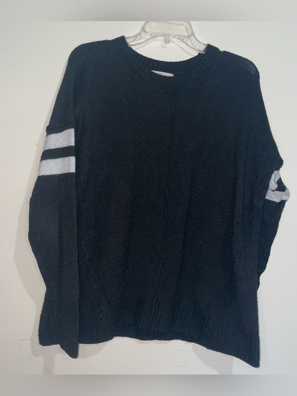Pink Rose Black White Sleeve Stripe Textured Knit L Pullover Sweater